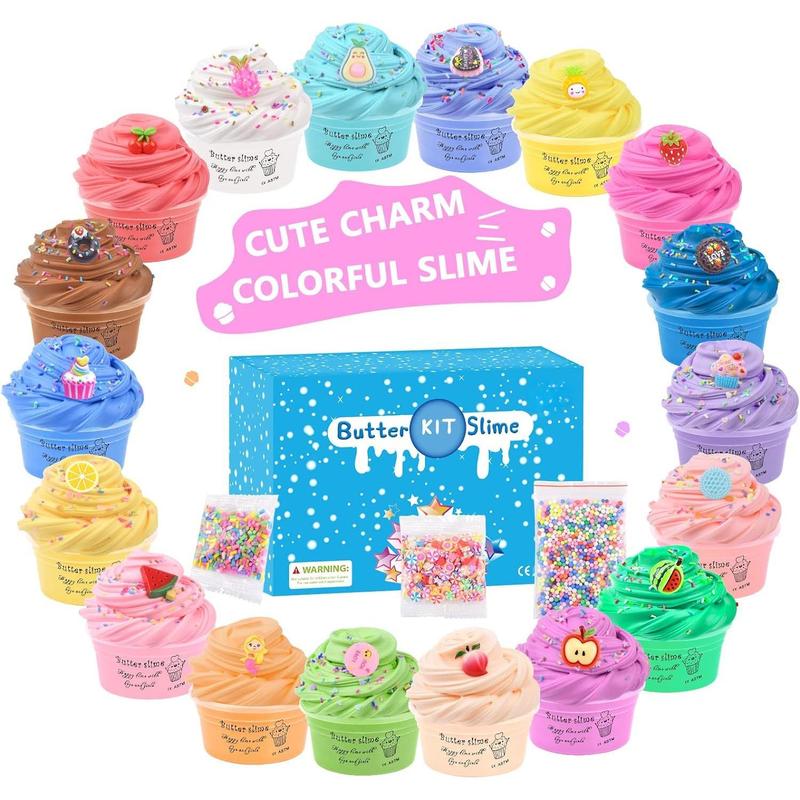 18 Pack Super Soft Butter Slime Kit, with Candy, Ice Cream, Fruit, Cute Fun Charms, Scented Slime Party Favor Gifts for Girls and Boys, DIY Putty Toys for Kids