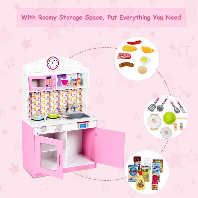 [ShopTab] Festival Joy Kids Kitchen Playset, Wooden Pretend Cooking Set w Removable Sink, Food & Cookware Accessories, Top Display Shelf