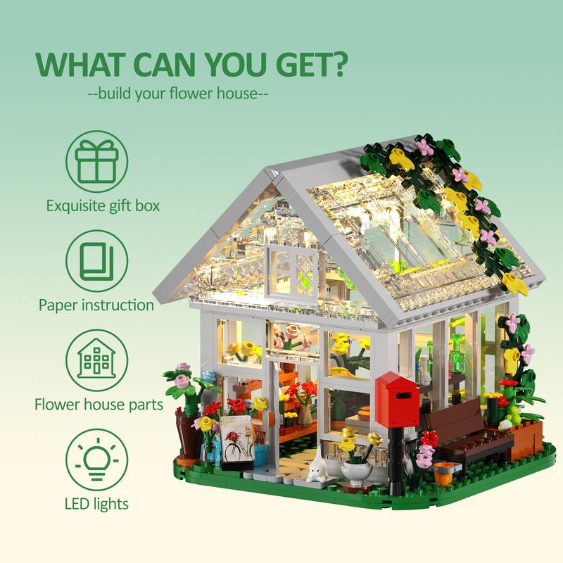 White Flower House Building Blocks Set with LED Light, Great Christmas Gift for Fans and Kids (597 pcs)