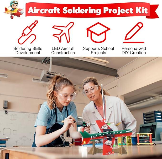 Learning Soldering DIY Airplane Kit for Beginners, 3 Color LED Flashing Lights Airplane Soldering Project Kit for High School Student Back to School Soldering Practice STEM Education