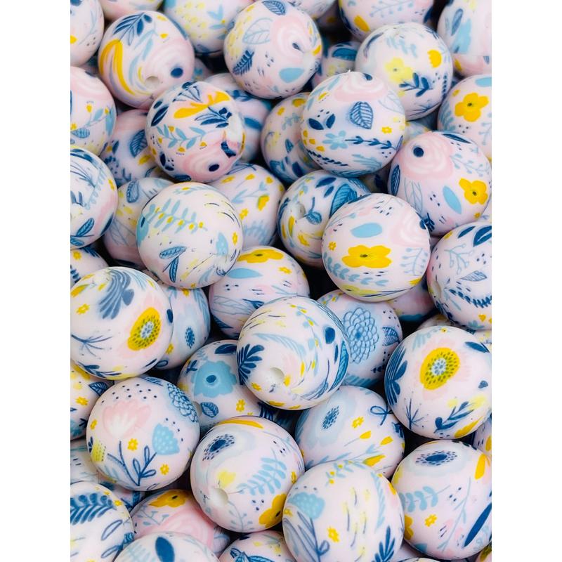 Blue Poppy Printed Silicone Beads | Flower Beads | Printed Beads | Colorful Beads