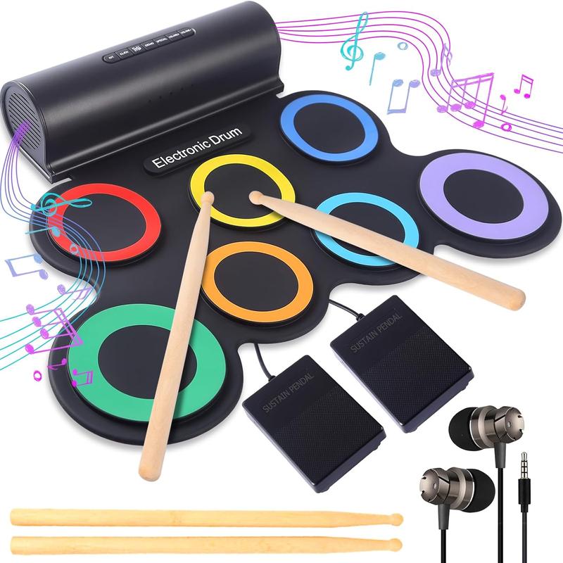 Portable Electronic Drum Set 7-Pads: Roll Up Drum Pad for Kids - Midi Electric Drum Set with Headphone and 2 Pairs Drumsticks 10 Hours Playtime - Holiday Birthday Christmas Gift for Kids 5-7 9-12