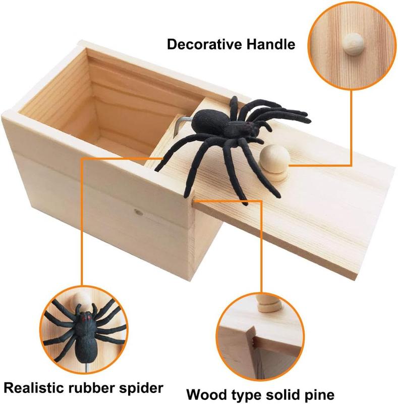 Original Spider Prank Box,Handdmade Wooden Pop Out Rubber Spider Scare Box Joke Toys Prank Adults Prank Gift Halloween