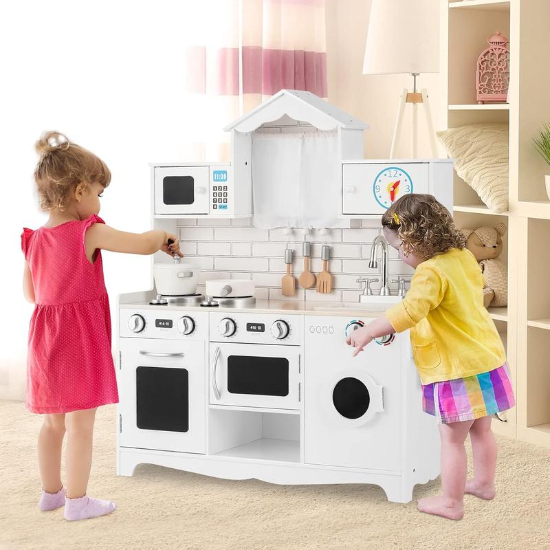 [ShopTab] Festival Joy Little Chef Toy Kitchen Set, Wooden Pretend Play Kitchen w  Cookware Utensil, Phone, Clock, Water Dispenser, Storage Cabinet