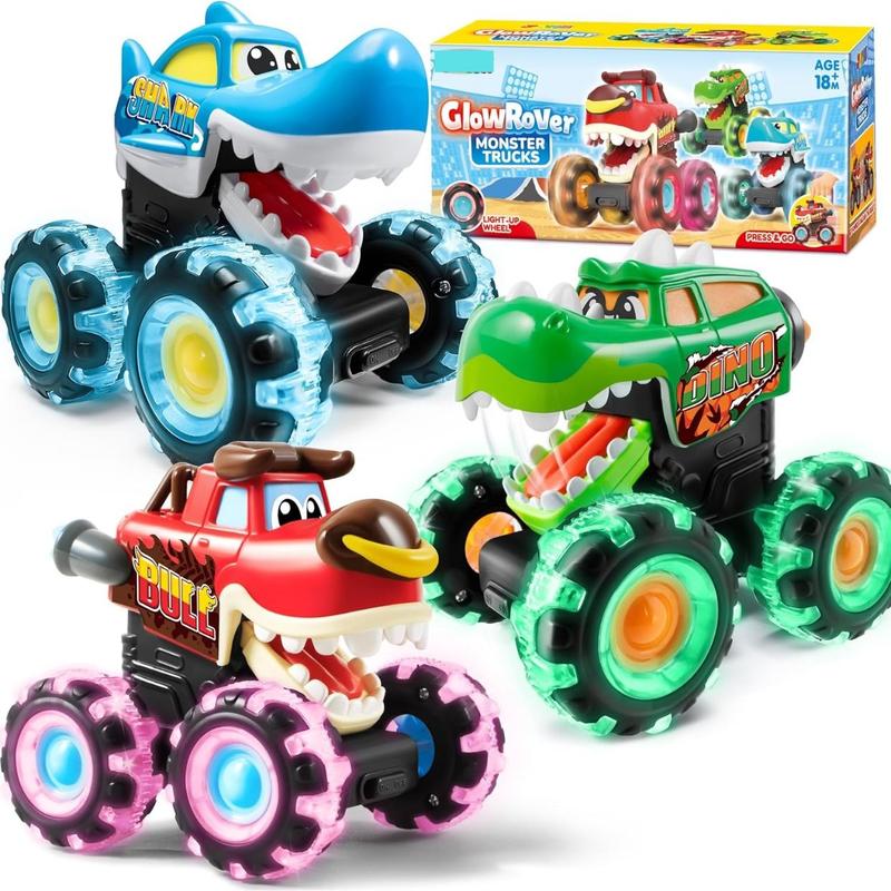 3 Pack Monster Truck Toy - Motion Activated Light-Up Cars for Toddlers - Monster Treads Lightning Wheels - Press & Go Cars for Boys Girls