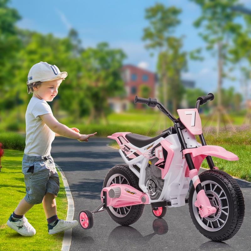 Kids Electric Motorcycle Dirt Bike, 12V 7AH Rechargeable Battery Powered Ride On Off-Road Street Bike with Training Wheels, Ride on Car for Kids to Drive with Built-in Music, Pink