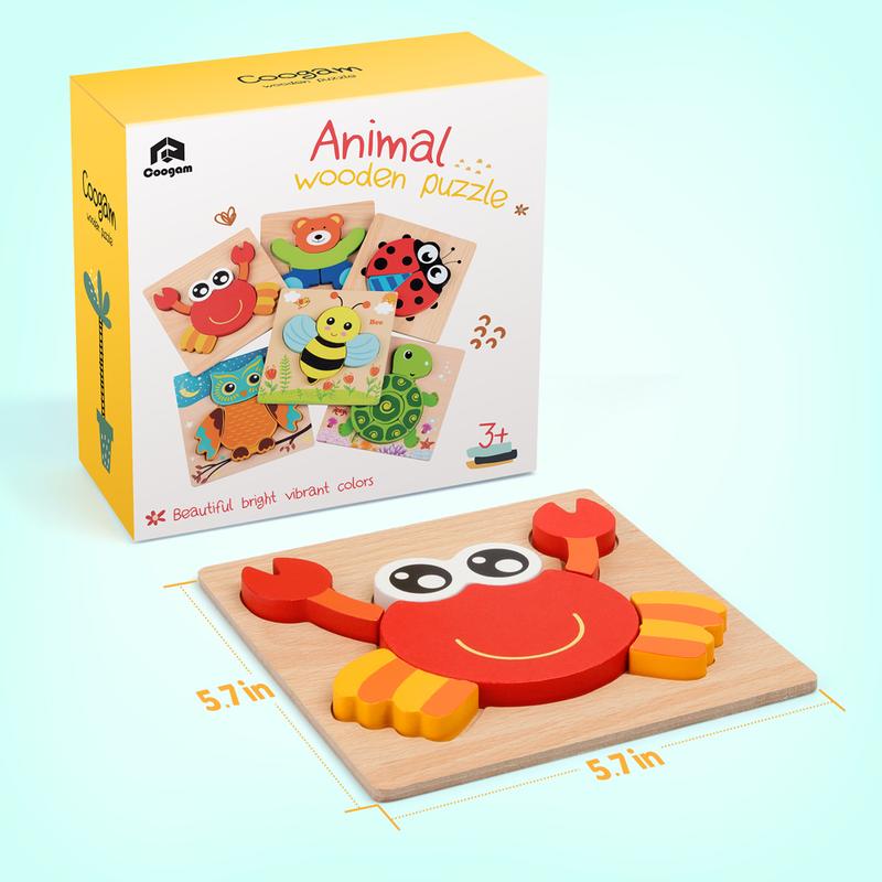 Coogam Wooden Jigsaw Puzzle Set, 6 Pack Animal Shape Block Preschool Educational Toy for Kids