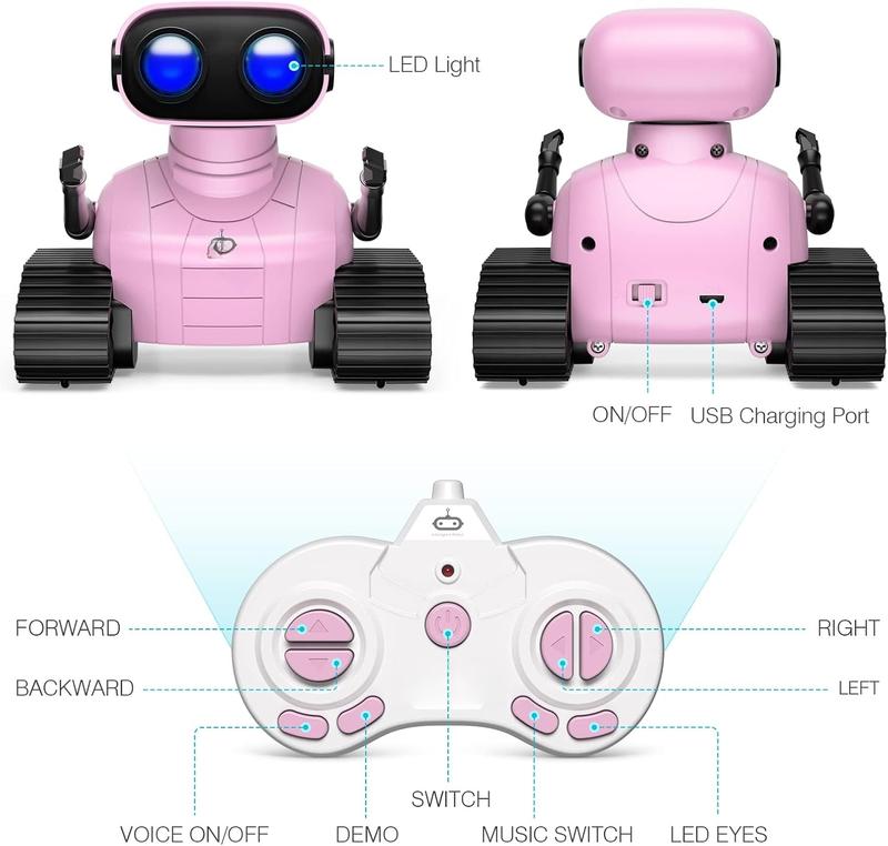 Girls Robot Toy, Rechargeable RC Robot for Kids, Remote Control Toy with Music and LED Eyes, Gift for Children Age 3 Years and Up - Pink