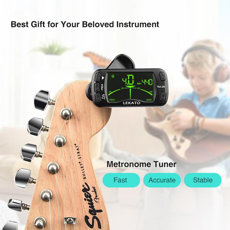 LEKATO Guitar Tuner Clip On Metronome, Tuner, Tone Generator 3 in 1 Multifunction, Portable for All Instruments, Bass, Chromatic Instruments, Violin and Ukulele, Valentine's Day Gift(Battery Clipped on the Silicone Pad), Back to School