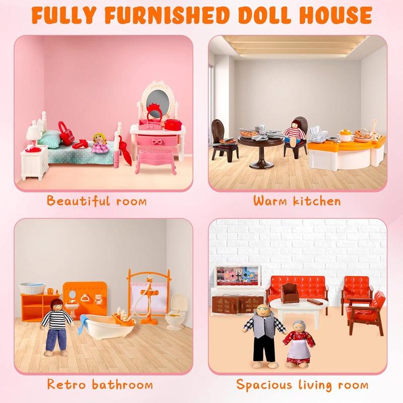 83 Pcs Doll House Furniture Package with 8 Winning Doll Family Set Wooden Bendable Figures and Fully Furnished Kitchen Living Room Bathroom Bedroom Dressable Doll House Furniture Pretend Play Toys