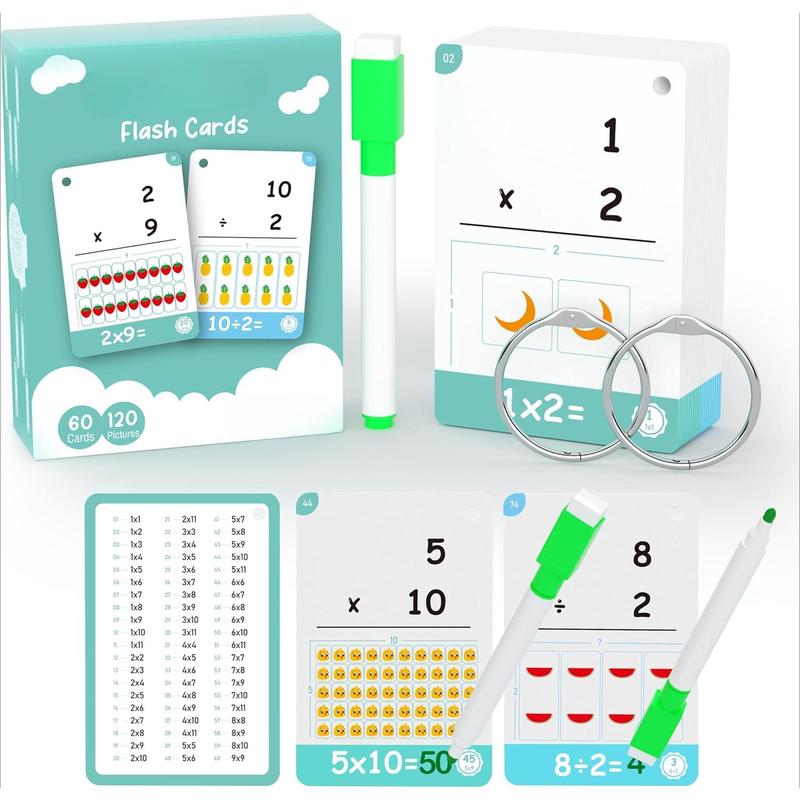 60 Cards, 120 Picture Math Flashcards, Multiplication Flashcards, Division Flashcards, Learning Toys for Boys and Girls