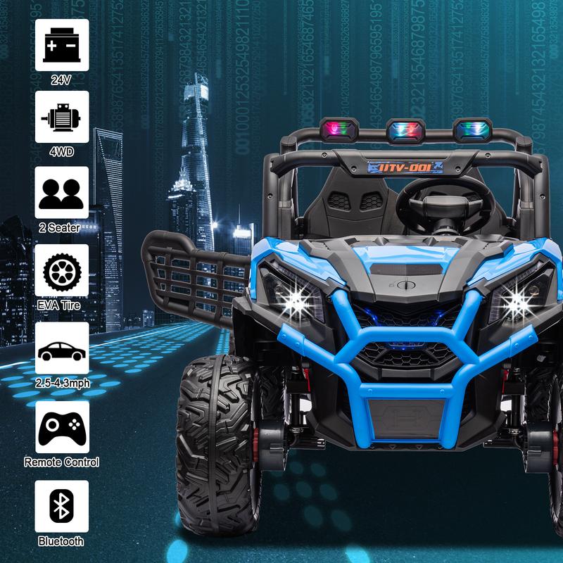 24V 2 Seats Kids Ride on Toy with Remote Control, 4X4 Off-Road UTV Truck Ride on Buggy Car, Battery Powered Kids Electric Vehicle Side by Side w LED Lights, Bluetooth, EVA Rubber Wheels, Blue