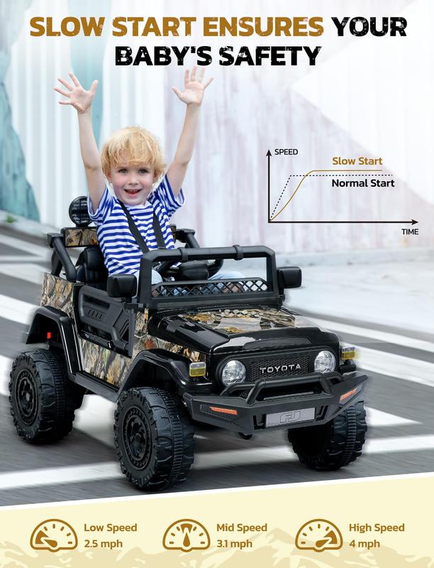 ELEMARA Toyota FJ40 Ride On Car-4.0mph Ride on Jeep,12V 7AH Battery Cars for Kids with Remote, Kid Driving Car Truck, Electric Car for Kids with DIY Stickers, 3 Speeds, 6 LED Lights, Bluetooth