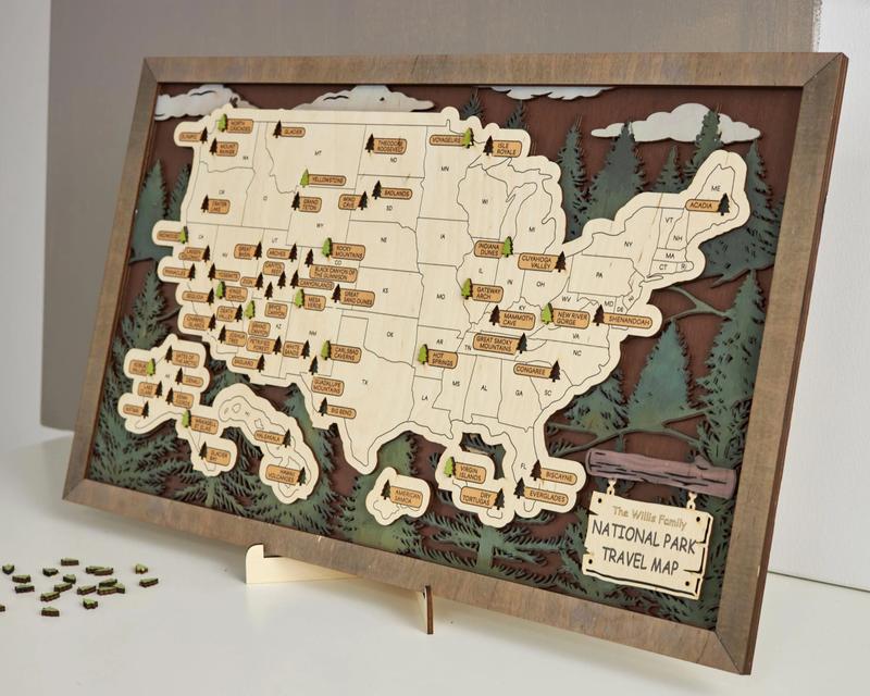 US 3D Wooden National Parks Travel Map with Trees - Record Park Visits (1 Design)