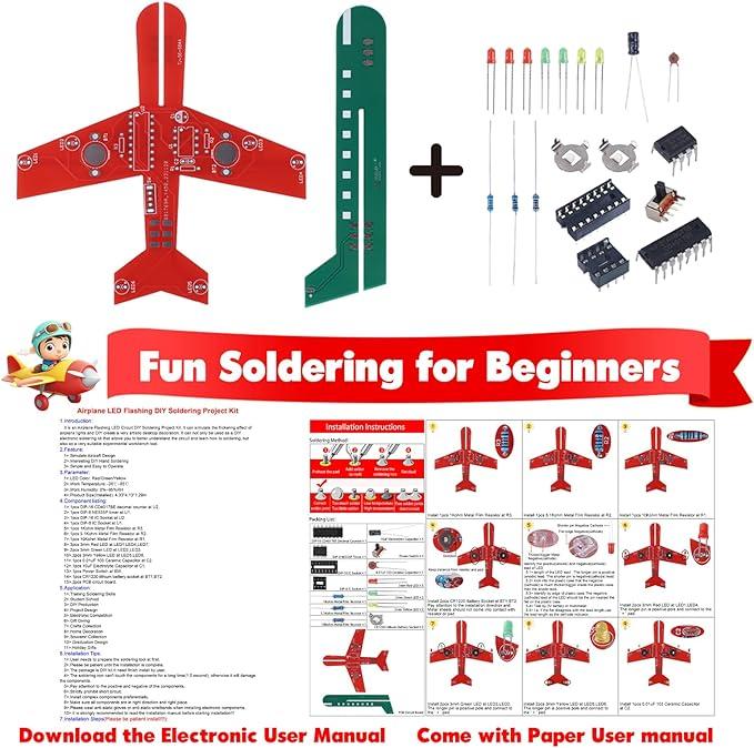 Learning Soldering DIY Airplane Kit for Beginners, 3 Color LED Flashing Lights Airplane Soldering Project Kit for High School Student Back to School Soldering Practice STEM Education