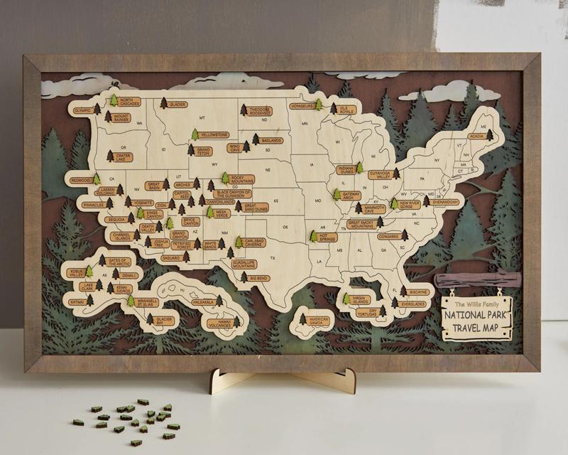 US 3D Wooden National Parks Travel Map with Trees - Record Park Visits (1 Design)