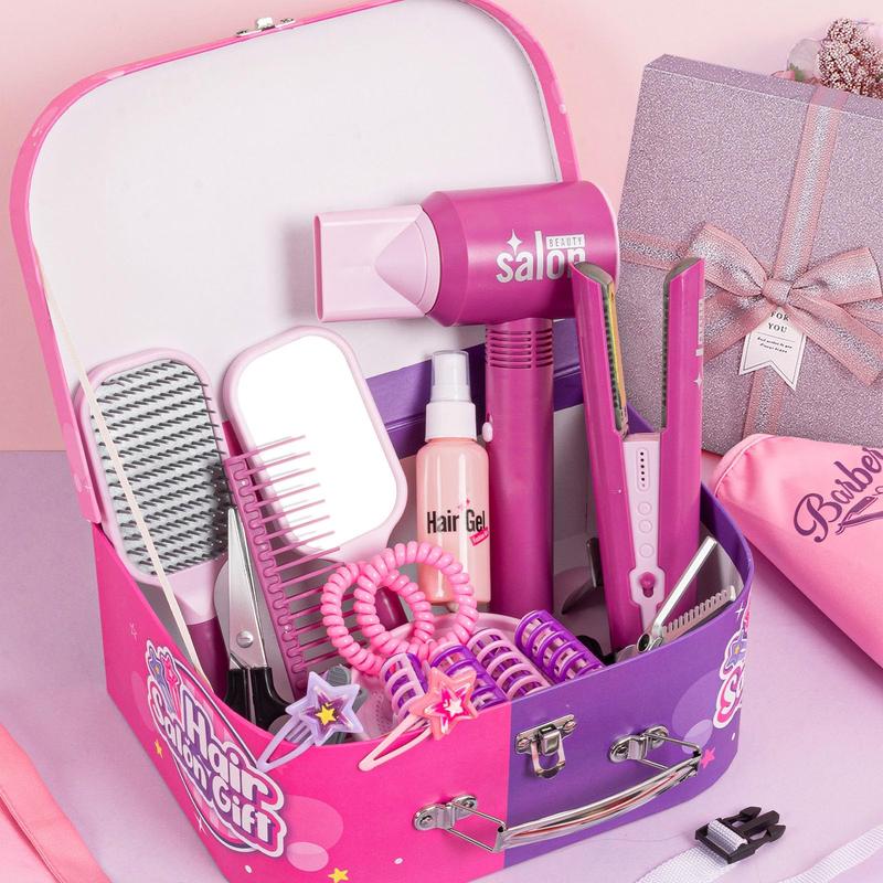 Hair Salon Toys 49 counts for Girls Boys Pretend Play Makeup Sets Dress Up Beauty Hair Stylist Kit with Hairdryer Apron Curling Flat Iron Mirror Scissors Accessories Learning Educational Toy Birthday Christmas Gifts