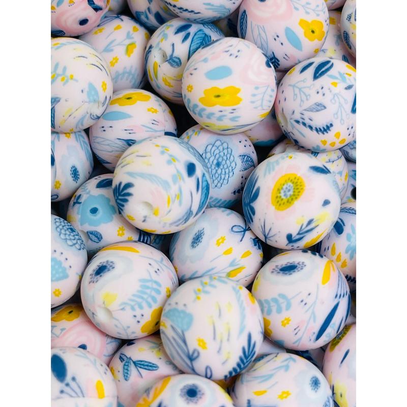 Blue Poppy Printed Silicone Beads | Flower Beads | Printed Beads | Colorful Beads