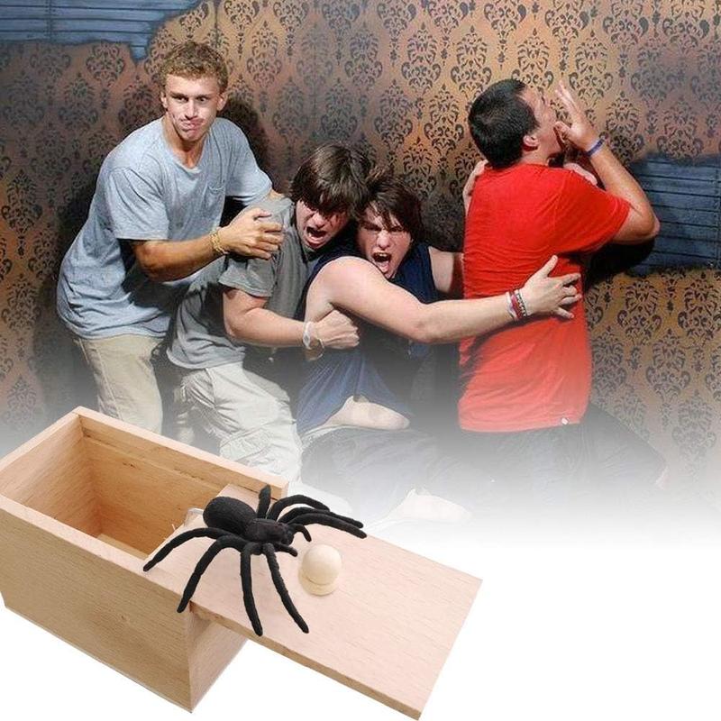 Original Spider Prank Box,Handdmade Wooden Pop Out Rubber Spider Scare Box Joke Toys Prank Adults Prank Gift Halloween