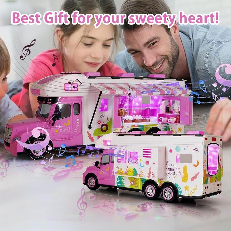 Remote Control Car for Girls Food Truck Toy Playset,Pink Remote Control Food Truck with Food Set, Dolls and Tableware Set,Best Gift for 4-9 Years Old Girls, Birthday (Rose red)