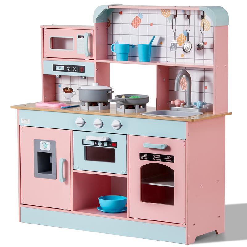 VEVOR Play Kitchen for Kids, Wooden Toy Kitchen Set with Lights and Sounds, Toddler Kitchen with Ice Maker, Oven, Sink, Microwaves, Fridge and Utensil and Fruit Accessory for Toddlers ages 3-8, Pink Christmas gift