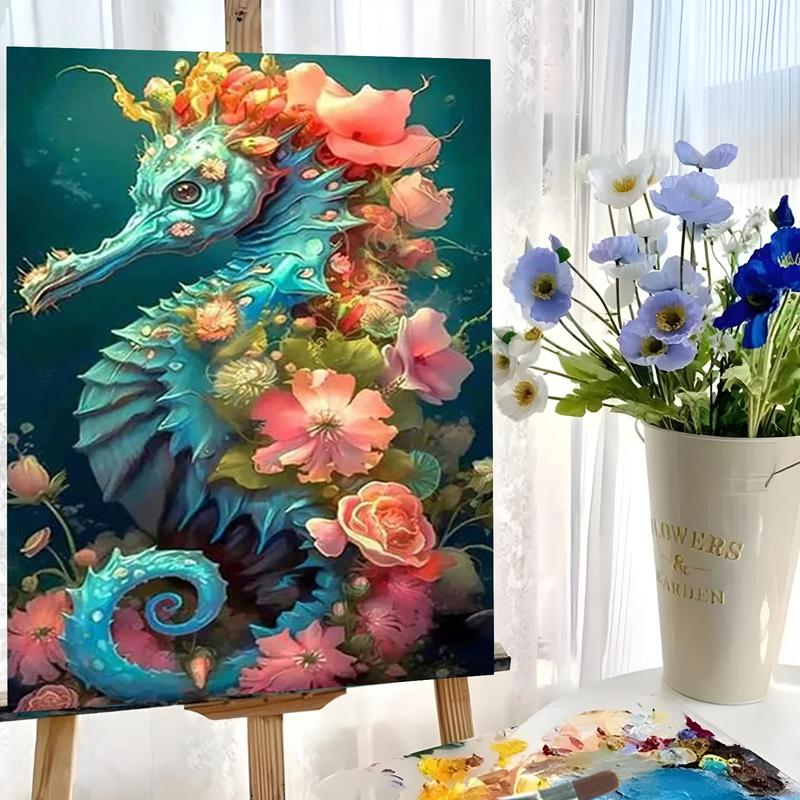 Seahorse and Flowers Pattern DIY Painting Kit without Frame, 1 Set DIY Painting Kit with Paint and Brush, Wall Art Decoration for Home Living Room Bedroom