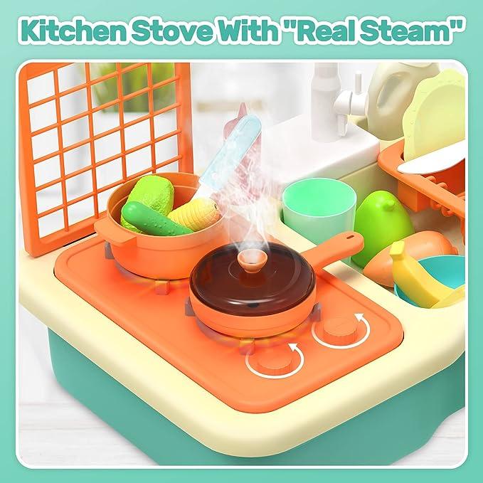 CUTE STONE Kitchen Sink  with Running Water, Play Kitchen with Upgraded Electric Faucet, Play Cooking Stove, Pot and Pan W Spray Realistic Lights