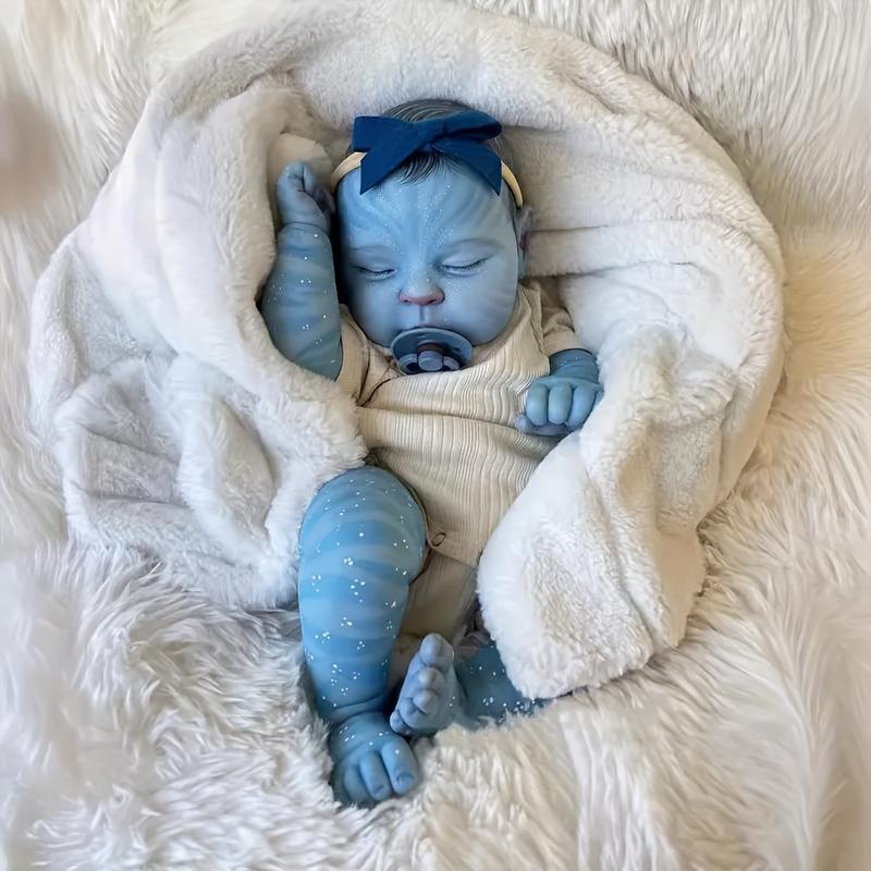 An Avatar-inspired reborn doll, 20 inches tall, handmade in vinyl, with realistic newborn skin textures and visible blood vessels, hair implants, suitable for children 3-6 years old - beige cloth body collection doll