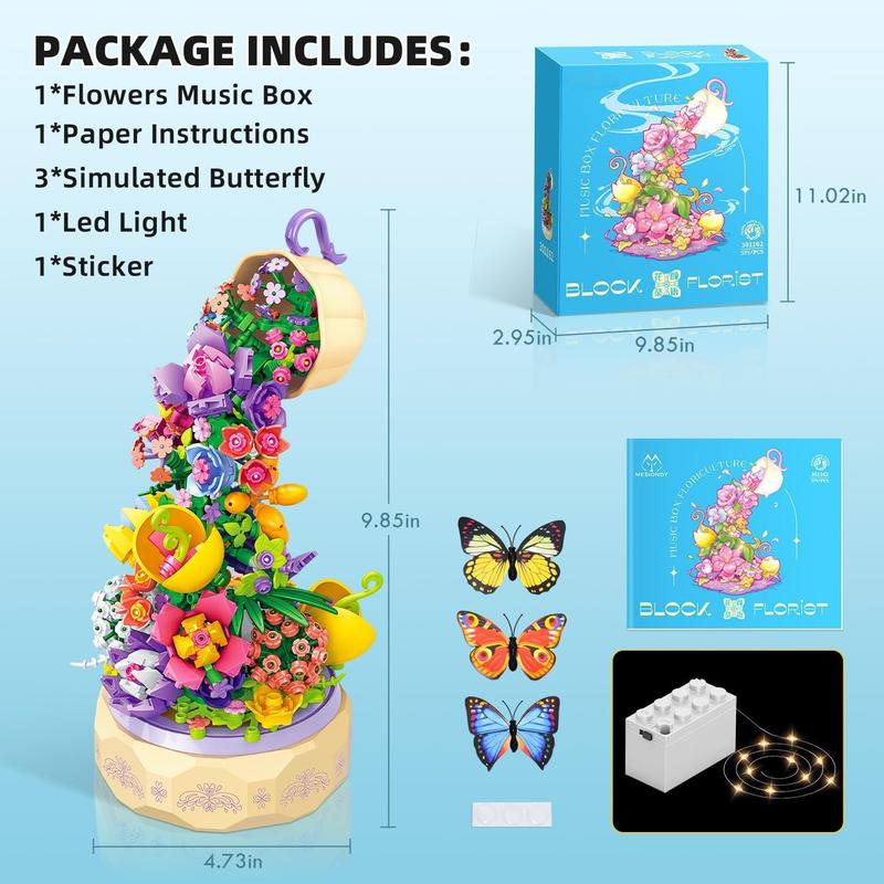 579 Piece Flowers Music Box Building Set,Artificial Flowers Series Rotating Music Box Building Kit,Creative Project Botanical Collection Crafts Set,Birthday Gift for Kids Girls Boys Age 6 7 8+