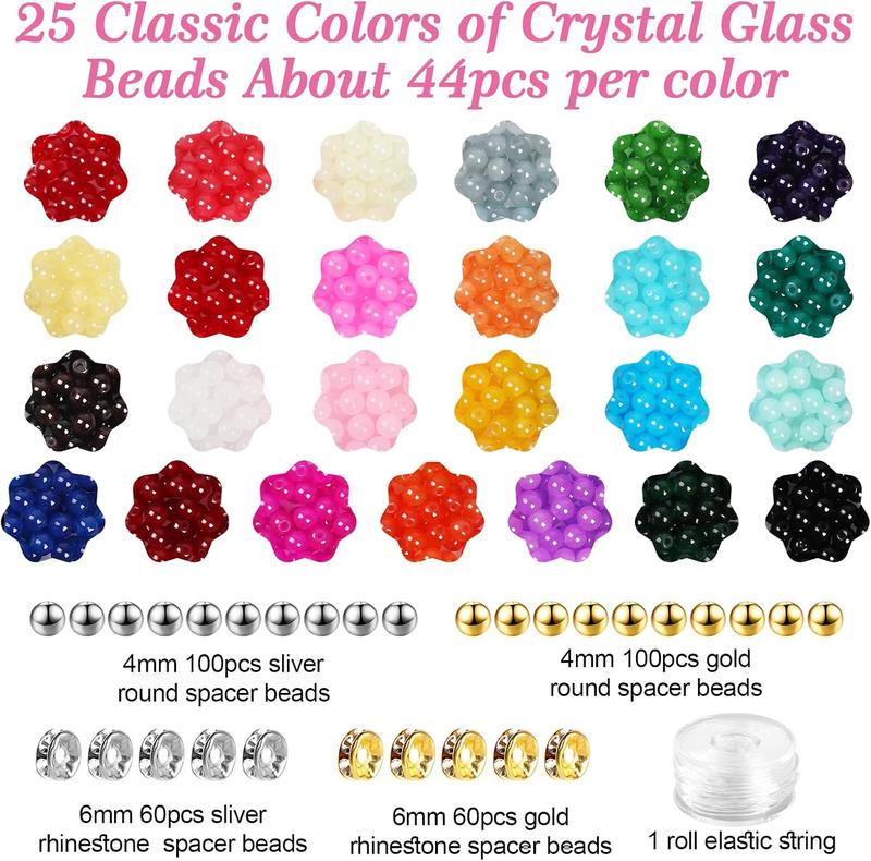 6mm Glass Beads for Bracelets Making, 1420 count 25 Colors Crystal Round Beads  Making Kit with Spacer Beads, DIY Craft Gift