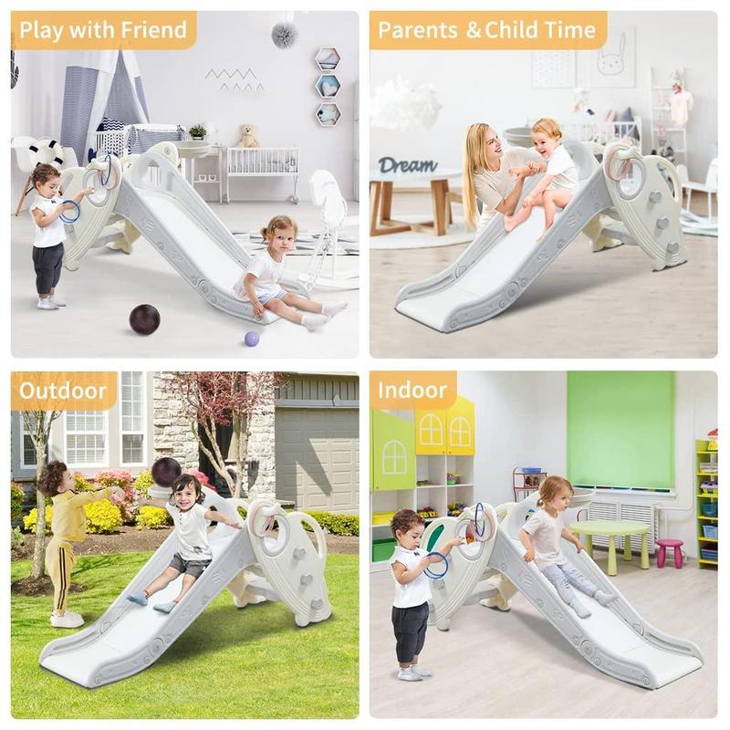 Onasti Kids Slide for Toddlers age 1-3 Indoor Baby Plastic Slide Outdoor Climber Freestanding Playset with Basketball Hoop & Ring Game Grey Blue Lila Pink