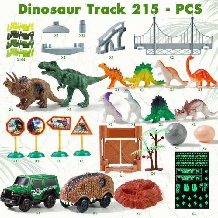 215 PCS Dinosaur Track Race Car Toy for Kids [Glow-in-the-Dark] Dino Playsets Xmas Gifts