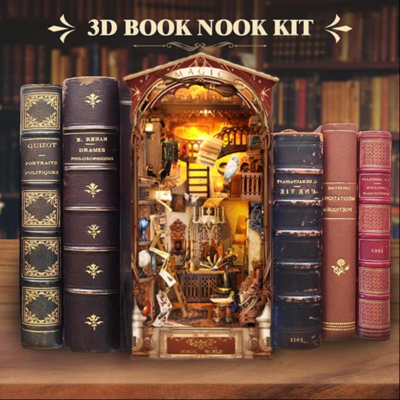 Magic World Book Nook with LED Light, Handmade Assembled DIY Miniature House, 3D Model Book Stand for Bookshelf Decor, Desktop Model Toy Gifts for Family and Friends, Creative Birthday and Holiday Gift Options, Best Friend Gifts