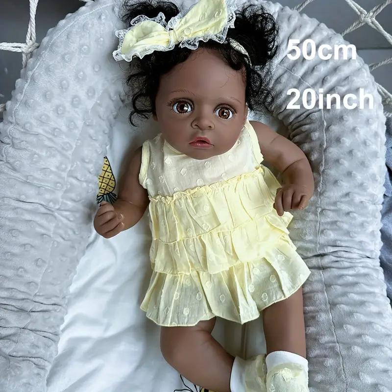 MADOLL 19 Inch Real Hand Rooted Curly Hair Newborn Dolls, Dark Brown Skin, Soft Touch Handmade Dolls for Halloween Thanksgiving Christmas Gifts