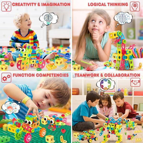 AFUNX 195 PCS Educational STEM Toys for Boys and Girls, Construction Building Blocks Toy Sets for Kids Creative Activities Games with Storage Box building  kits construction toy