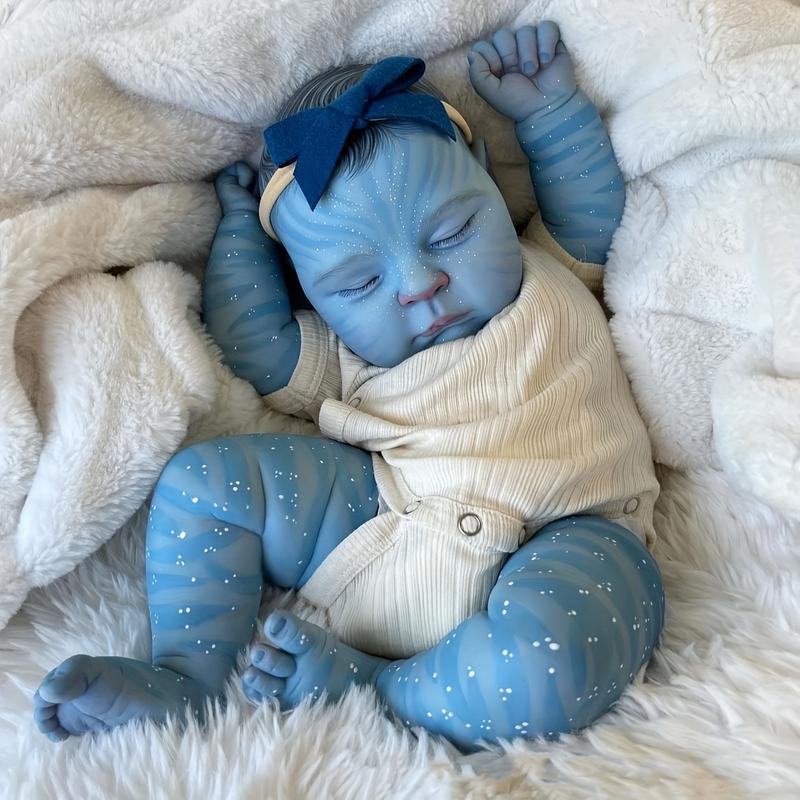 An Avatar-inspired reborn doll, 20 inches tall, handmade in vinyl, with realistic newborn skin textures and visible blood vessels, hair implants, suitable for children 3-6 years old - beige cloth body collection doll