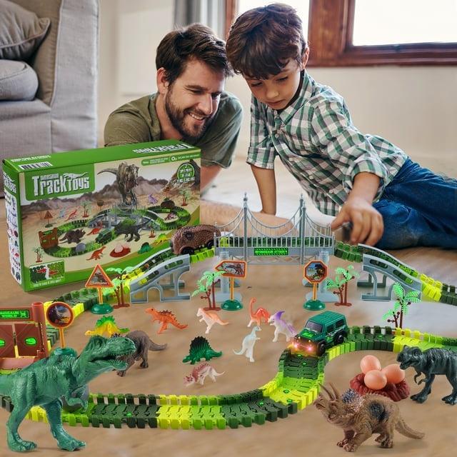 215 PCS Dinosaur Track Race Car Toy for Kids [Glow-in-the-Dark] Dino Playsets Xmas Gifts