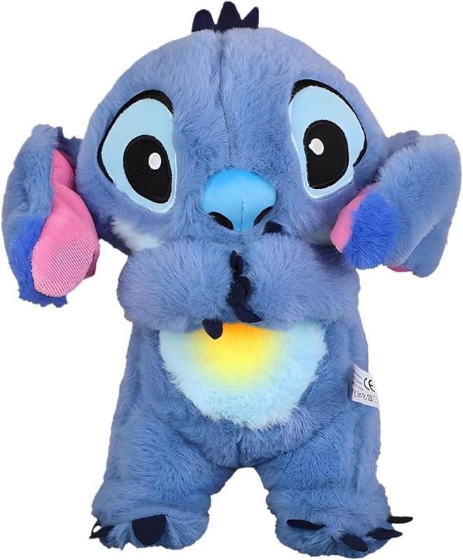 Breathing Anime Plush Animal, Breathing Cartoon Sleeping Buddy, Soothing Snuggle Stitch Plush Toy with Realistic Breathing Movement and Lights and Music (Blue)