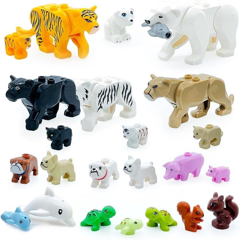 23pcs Animals Mini Figures Friends Sets with Baby Building Block Farm Zoo Animals Toy for Boys Girls 6-7-8-9-10-11-12 Kits Tiger Leopard Bear Dog Dolphin Turtle Squirrel