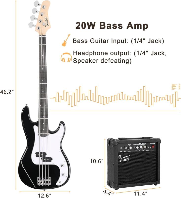 GLARRY Full Size Electric Bass Guitar Beginner Kit 4 String with AMP, Cable, Strap, Bag and Accessories (Black)