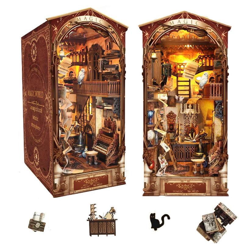 Magic World Book Nook with LED Light, Handmade Assembled DIY Miniature House, 3D Model Book Stand for Bookshelf Decor, Desktop Model Toy Gifts for Family and Friends, Creative Birthday and Holiday Gift Options, Best Friend Gifts