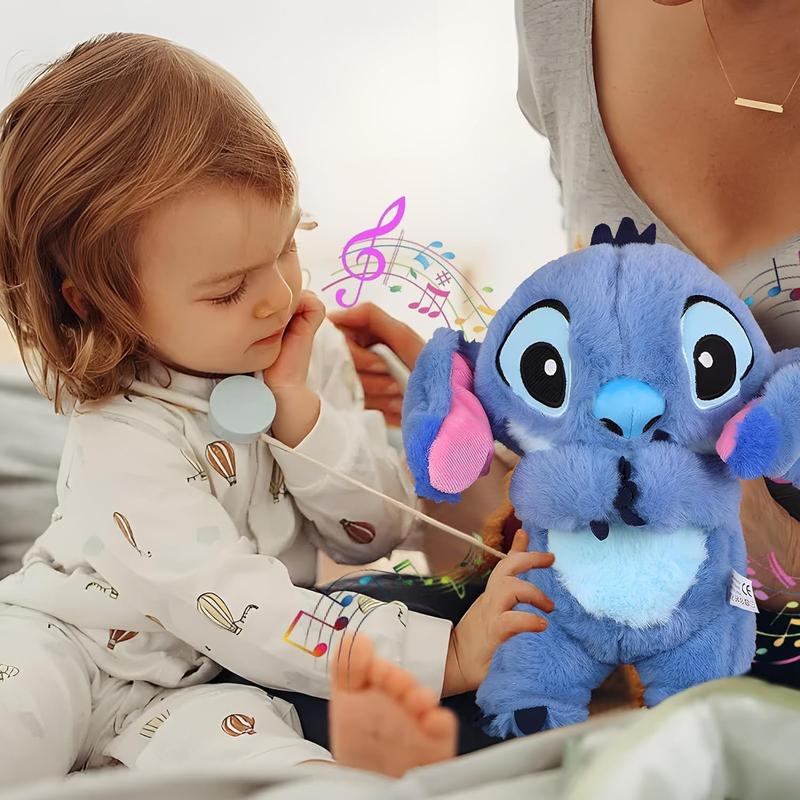 Breathing Anime Plush Animal, Breathing Cartoon Sleeping Buddy, Soothing Snuggle Stitch Plush Toy with Realistic Breathing Movement and Lights and Music (Blue)