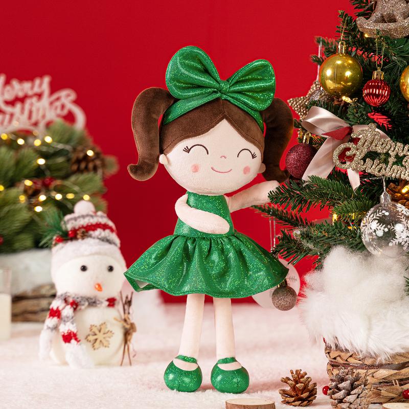 Plush Doll Soft Baby Dolls Baby Girl Gift Christmas Gifts For 0 To 6 Years Girls Big Green Bow With Green Dress Dolls 12 inches