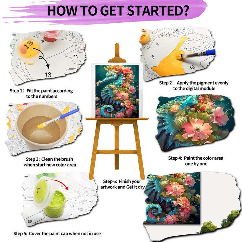 Seahorse and Flowers Pattern DIY Painting Kit without Frame, 1 Set DIY Painting Kit with Paint and Brush, Wall Art Decoration for Home Living Room Bedroom