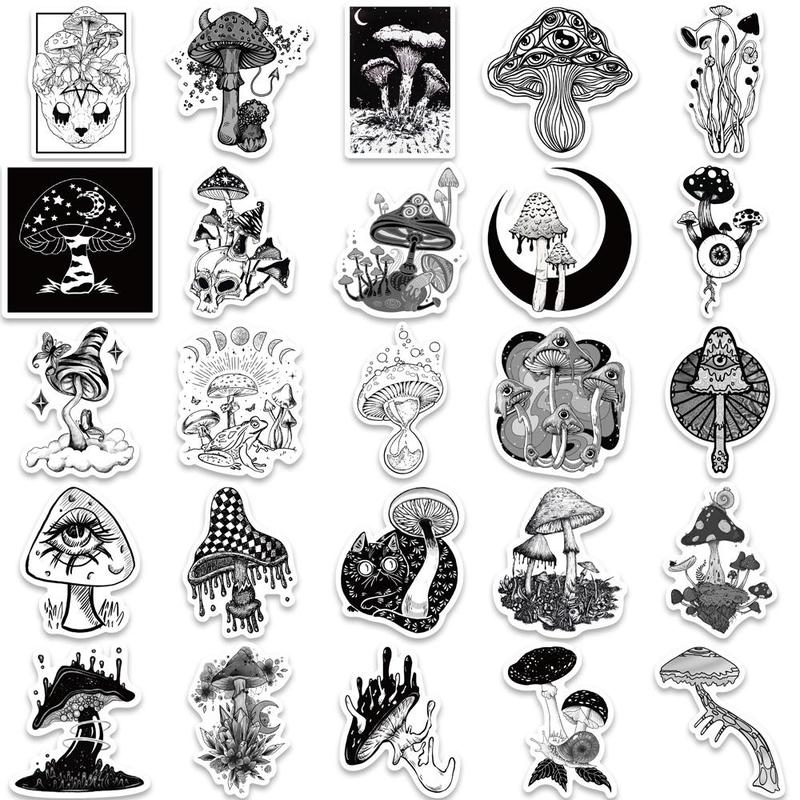 Gothic Mushroom Pattern Sticker, 50pcs set Punk Style Mushroom Decorative Sticker, DIY Decals for Water Bottle, Laptop, Phone Case, Scrapbooking