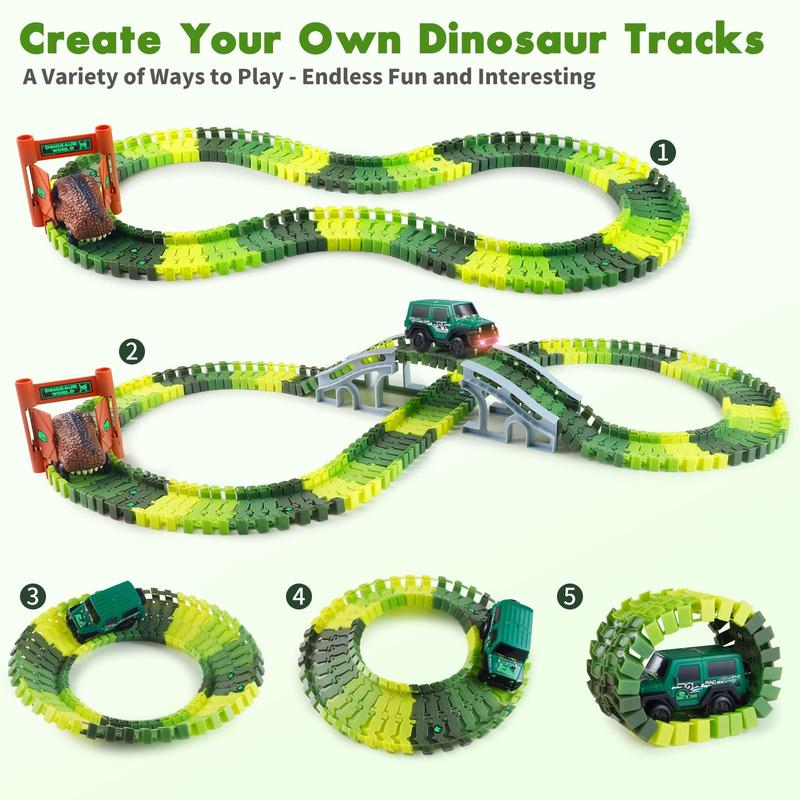 215 PCS Dinosaur Track Race Car Toy for Kids [Glow-in-the-Dark] Dino Playsets Xmas Gifts