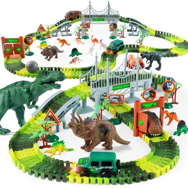 215 PCS Dinosaur Track Race Car Toy for Kids [Glow-in-the-Dark] Dino Playsets Xmas Gifts