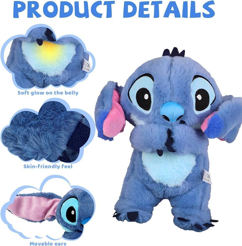 Breathing Anime Plush Animal, Breathing Cartoon Sleeping Buddy, Soothing Snuggle Stitch Plush Toy with Realistic Breathing Movement and Lights and Music (Blue)