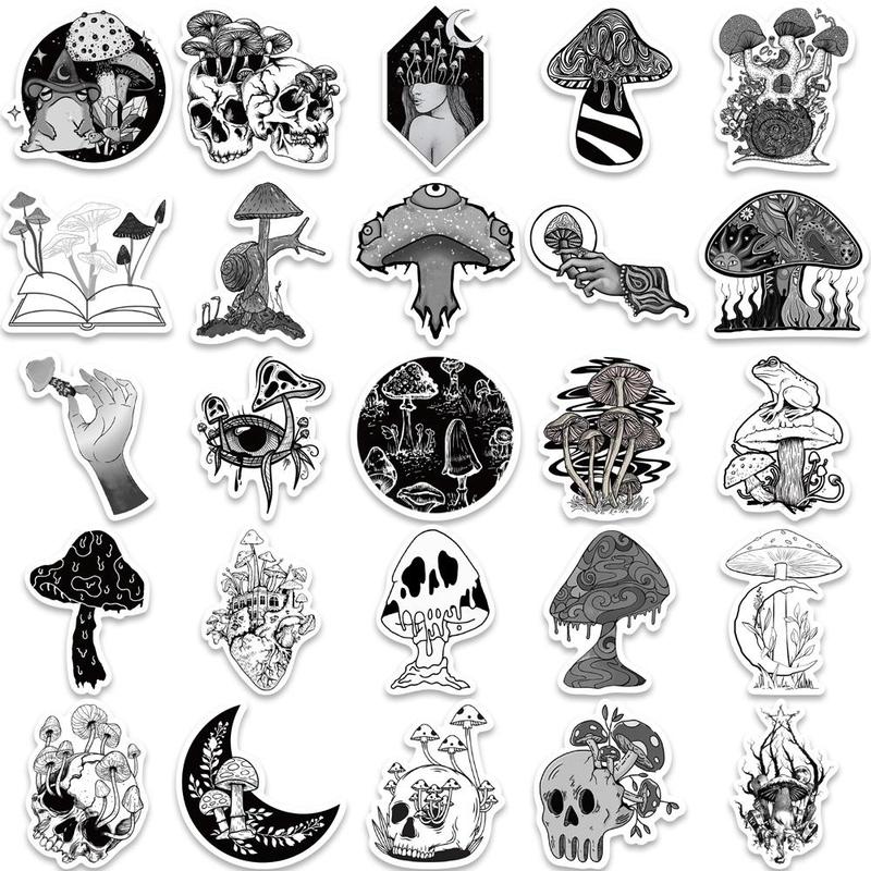 Gothic Mushroom Pattern Sticker, 50pcs set Punk Style Mushroom Decorative Sticker, DIY Decals for Water Bottle, Laptop, Phone Case, Scrapbooking