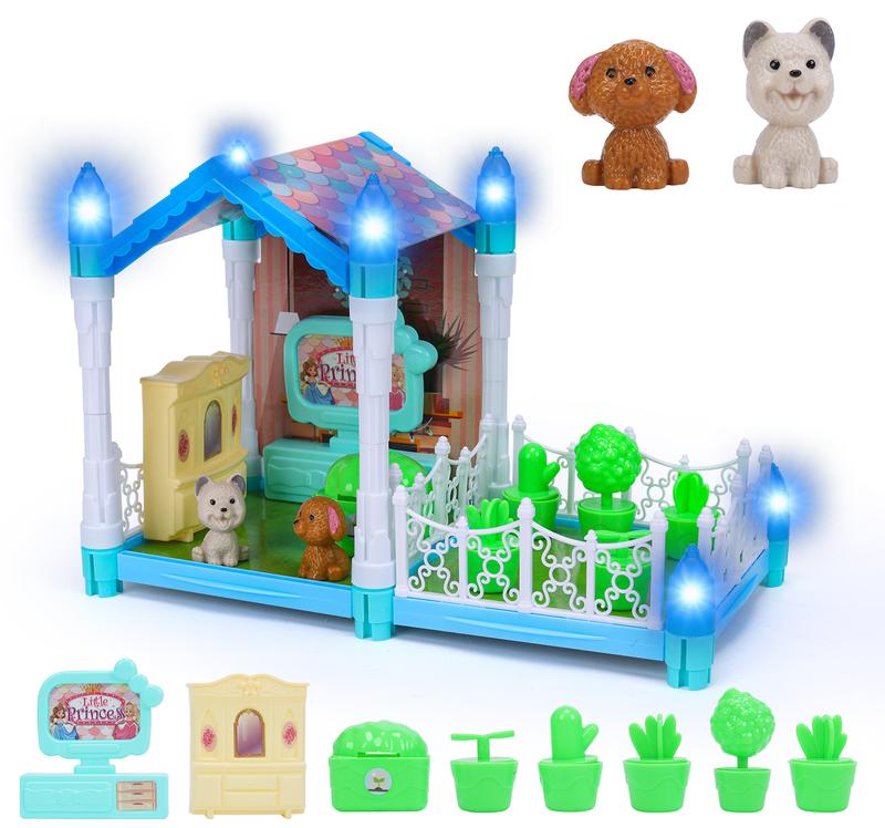 Glow-In-The-Dark Dollhouse With Two Pieces of Furniture, Two Puppies, and Six Potted Plants,Toys Suitable for Playing House